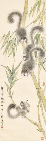 Xu Gu, Squirrels by Bamboo Grove | 虛谷　翠竹松鼠　設色紙本　立軸　一八九四年作
