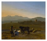 KAREL DUJARDIN  |  AN EXTENSIVE LANDSCAPE IN THE ROMAN CAMPAGNA WITH CATTLE AND SHEPHERDS