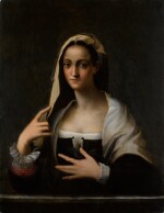 Portrait of a woman holding a crown of laurels, half-length