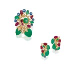 Colored Stone and Diamond Clip-Brooch and Pair of Earclips