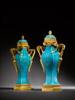 A pair of Louis XV gilt-bronze mounted Chinese turquoise-glaze pot-pourri vases and covers, the porcelain Kangxi (1662-1722)