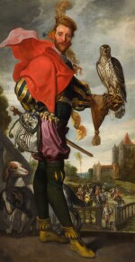 Portrait of a falconer, the Amsterdam Gate in Haarlem in the distance