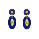 Pair of Gold and Lapis Lazuli Pendant-Earclips, France