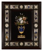 An Italian Pietre Dure Panel Depicting a Vase with Flower Arrangement Within a Mother-of-Pearl and Lapis Lazuli Inlaid Ebony and Ebonised Frame Mounted with Renaissance-Style Ivory Profile Portrait Medallions, Florence, Late 19th Century