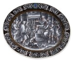 A Limoges grisaille painted enamel oval dish with the Judgement of Moses, attributed to Pierre Reymond (1513-1584), Circa 1570-1575