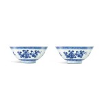 A fine pair of blue and white 'sanduo' bowls, Seal marks and period of Qianlong |  清乾隆 青花福壽三多盌一對 《大清乾隆年製》款
