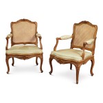 A PAIR OF LOUIS XV CARVED BEECHWOOD FAUTEUILS, STAMPED MC, POSSIBLY FOR MICHEL CRESSON, CIRCA 1740