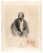 F. Liszt. Large lithographed portrait of Liszt in 1846, with an autograph musical quotation, signed ("FL")