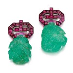 Pair of emerald and synthetic ruby brooches, 1930s