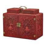 A rare imperial finely carved cinnabar lacquer cabinet Qing dynasty, Qianlong period | 清乾隆 剔紅博古花卉紋提匣