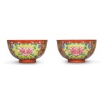 TWO CORAL-GROUND FAMILLE-ROSE 'PEONY' BOWLS,  QIANLONG SEAL MARKS AND PERIOD