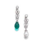 Attractive pair of natural pearl, emerald and diamond pendent ear clips | 天然珍珠及祖母綠配鑽石耳墜一對