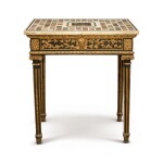 A CONTINENTAL NEOCLASSICAL EBONIZED AND PARCEL-GILT OCCASIONAL TABLE WITH SPECIMEN MARBLE TOP, 19TH CENTURY