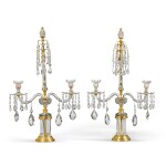 A pair of George III cut-glass and gilt-brass twin-light candelabra, circa 1790, attributed to Parker and Perry