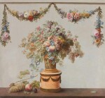 ATTRIBUTED TO MICHEL-BRUNO BELLENGÉ | A still life of flowers and fruit in a basket, with a duck and a garland of flowers