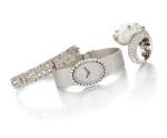 Diamond bracelet, diamond and cultured pearl ring and diamond wristwatch (Bracciale con diamanti, anello in diamanti con perla coltivata e orologio da polso in diamanti)
