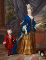 FRENCH SCHOOL, CIRCA 1700 | A portrait of an elegant lady, aged 25, together with a young boy and a spaniel