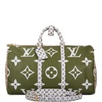 Louis Vuitton Khaki Green Keepall Bandoulière 50 of Giant Monogram Canvas with Polished Brass Hardware 