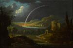 DUTCH SCHOOL, LATE 17TH CENTURY | A landscape by night, with a castle by a lake and two rainbows arching over a distant town