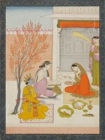 An illustration to a Harivamsa series: the Parijata-Harana episode, Satyabhama presents gifts and the Parijata tree to Narada, the sage, India, Guler, circa 1780