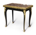 A FRENCH RÉGENCE STYLE GILT-BRONZE-MOUNTED AND BRASS INLAID EBONIZED CENTER TABLE, 19TH CENTURY