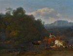 NICOLAES PIETERSZ. BERCHEM | Southern landscape with shepherds and their animals fording a stream