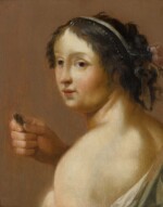 CORNELIS VAN POELENBURCH | A shepherdess holding a coin, bust-length, facing left