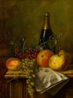Still Life with Fruit, Champagne Bottle and Newspaper