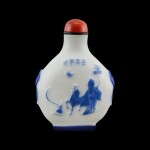 An inscribed Yangzhou blue overlay glass 'Shoulao and Hehe twins' snuff bottle Qing dynasty, dated renwu year corresponding to 1822 or 1882 | 壬午（1820或1882年） 揚州作涅白地套藍料壽老及和合二仙圖鼻煙壺 《壬午年作》款