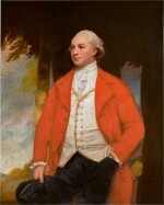 GEORGE ROMNEY | PORTRAIT OF SIR JOHN PAPILLON TWISDEN, 7TH BARONET (1743-1810), THREE-QUARTER-LENGTH, IN A LANDSCAPE