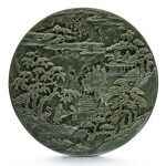 A spinach-green jade circular table screen, Qing dynasty, Qianlong period | 清乾隆 碧玉雕溪山觀太極圖圓插屏