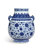 A fine and large blue and white vase, hu Seal mark and period of Qianlong | 清乾隆 青花纏枝花卉紋鳩耳壺 《大清乾隆年製》款
