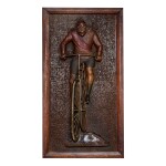 CARVED AND POLYCHROME PAINT-DECORATED WALNUT 'BICYCLIST' WALL PLAQUE, CIRCA 1900