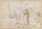 Two women and a dog on a river bank near a village, to the left a boy on a sledge 