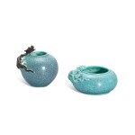 Two ‘robin’s-egg’ glazed ‘chilong’ waterpots, Qing dynasty, 19th century 清十九世紀 爐鈞釉螭龍水丞兩件