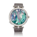 Lady Arpels Papillon, Reference VCARO8PN00 | A white gold, diamond and sapphire-set automaton wristwatch with mother-of-pearl dial enhanced by various styles of the art of enamelling, Circa 2020 | 梵克雅寶 | Lady Arpels Papillon 型號VCARO8PN00 | 白金鑲鑽石及藍寶石活動人偶腕錶，備多種琺琅工藝珠母貝錶盤，約2020年製
