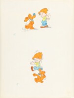 Boule & Bill. 2 dessins originaux, sur un feuillet. Encre de Chine, et sa mise en couleurs sur calque.