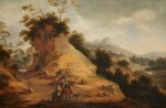 AERT JANSZ. MARIENHOF | Rocky landscape with hunters wearing oriental costume, conversing on a rocky path