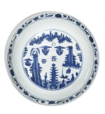 A large blue and white 'landscape' charger, Late Ming dynasty