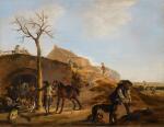 DIRK STOOP | A landscape with sportsmen preparing for the hunt, together with their hounds and horses
