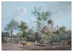 Figures on a rural road, trees and a thatched cottage beyond