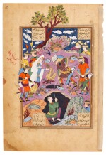 An illustrated and illuminated leaf from a manuscript of Firdausi's Shahnameh: Rustam rescuing Bizhan from the pit as Manizha looks on, Persia, Qazwin, Safavid, last quarter 16th century