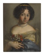 Portait of a lady, half length, wearing a pearled necklace and holding flowers