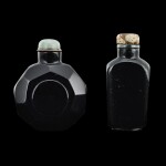 Two black glass snuff bottles, Qing dynasty, 19th century | 清十九世紀 黑料磨棱八方鼻煙壺 及 黑料光素鼻煙壺一組兩件
