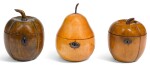 THREE GEORGE III FRUITWOOD TEA CADDIES, CIRCA 1800, ONE IN THE FORM OF A PEAR, TWO IN THE FORM OF A MELON