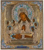 An icon of the Lamentation of the Mother of God, in a silver-gilt and cloisonné enamel oklad, Moscow, 1908-1917