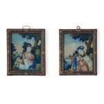 A Pair of Chinese Export Reverse Glass Paintings of Ladies, Qing Dynasty, Late 18th/ Early 19th Century | 清十八世紀末 / 十九世紀初 鏡畫仕女庭院圖一對 裝框
