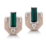 Pair of pink shagreen, tourmaline and diamond ear clips 