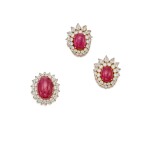 Ruby and Diamond Ring and Pair of Earclips, France