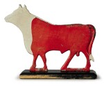 CAST-IRON AND RED AND WHITE PAINTED BULL WINDMILL WEIGHT, POSSIBLY FAIRBURY WINDMILL COMPANY, FAIRBURY, NEBRASKA, LATE 19TH TO EARLY 20TH CENTURY